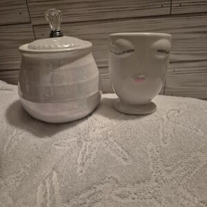 White Ceramic Jar and Face Mug Set